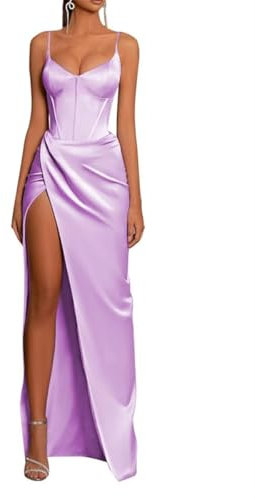 Vestido de dama de honor de satén para mujer, cuello en V, vestido formal de fiesta de noche para invitados de boda con abertura, Lila, 50 Grande