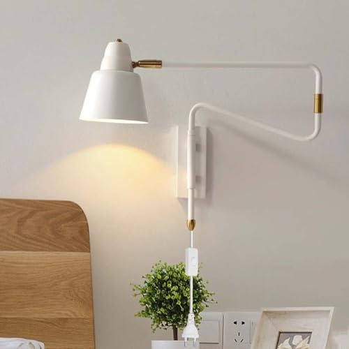 AoLa Schwenkarm Wandleuchte Verstellbar Metall Arm Wandlampe mit Schalter und Stecker Industrial Nachttischlampe Drehbare mit Kabel Langer Arm Leselampen Innen Wandspot E27 Fassung,Weiß