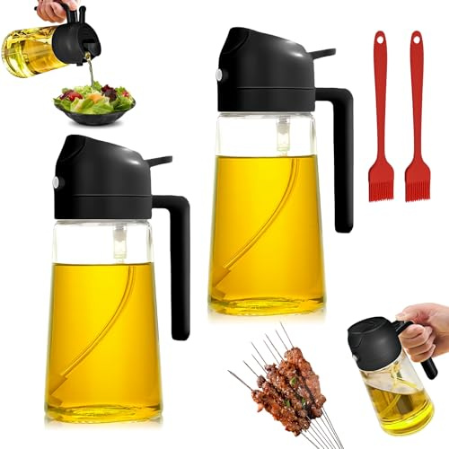 Lot de 2 pulvérisateurs d'huile 2 en 1 pour huile comestible, bouteille d'huile, 470 ml, vaporisateur d'huile de cuisson en verre, distributeur d'huile en verre avec 2 pinceaux à huile, pulvérisateur