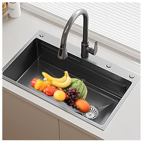 XUQQU Évier De Cuisine en Acier Inoxydable avec Robinet Extractible, 60×46cm avec Panier À Tamis, Évier Cuisine 1 Bac, Evier Cuisine Multifonction avec Siphon Et Trop-Plein(75 * 46CM/29.5 * 18.1in)