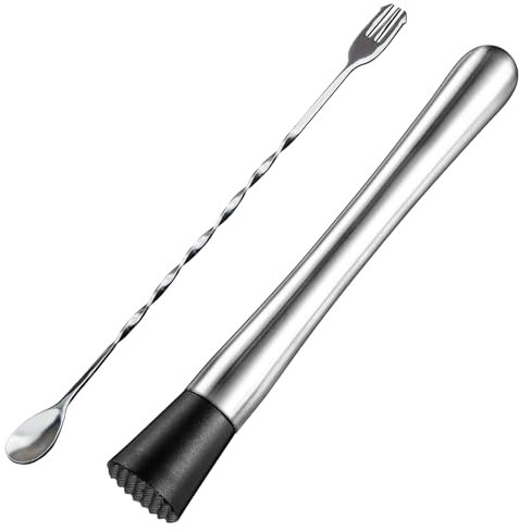 Cóctel Muddler de Cóctel de Acero Inoxidable Trituradora de Hielo Mortero para Cócteles con Cuchara, para Cocina Bar Restaurante, 25 cm