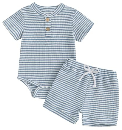 XIXIMAON Infant Baby Boy Summer Clothes Short Sleeve Button Romper Elastic Waist Shorts Set Stripe Bodysuit Newborn Two Piece Outfit Boys Casual Set (Blue, 0-3 Months)