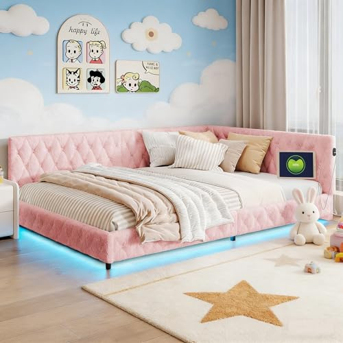 BRILVERDE Polsterbett 140x200 mit LED und USB, Sofabett mit Lattenrost, Eckbett, Kinderbett, Doppelbett, für Kinder und Jugendliche, Lammwolle, Ohne Matratze (Rosa, 140 x 200 cm)