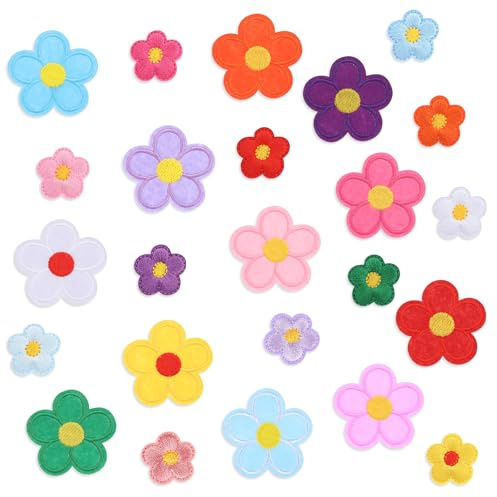 Bewudy 24 Stück Blumen Patches zum Aufbügeln Bunte Gänseblümchen Aufnäher | 2 Größen Bügelbilder Stickerei Flicken zum Aufbügeln Blumenaufnäher für Textilien Hüte Jeans Jacken DIY Dekorative