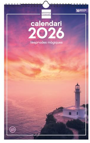 Finocam - Calendrier mural 2026 25 x 40 cm Mois vue Janvier - Décembre 2026 + Sep.- Déc. 2025 (4 mois) réduits | Calendrier 2026 | Images Couchers de soleil magiques - Catalan