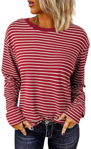 Hauts à manches longues pour femmes - Col rond rayé - T-shirt basique léger pour l'automne - Pull décontracté (rouge, XL) - Bluse blanc