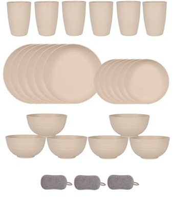 Bordsservis i 24 delar i plast för 6 personer, okrossbara tallrikar och koppar, färgglada återanvändbara tallrikar som tål mikrovågsugn och diskmaskin för picknick och fester (beige)