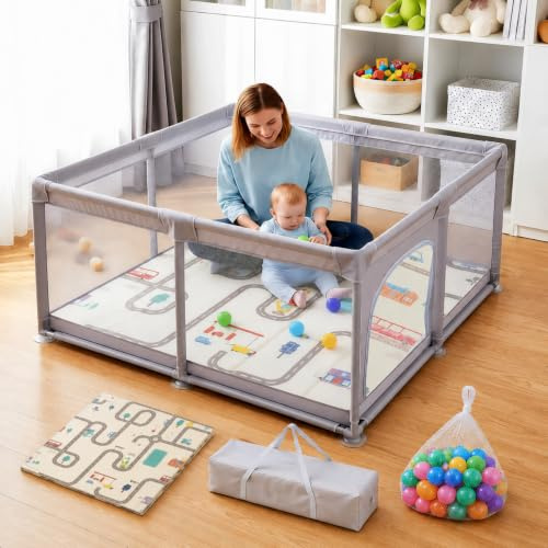 Truevaste Laufstall Baby mit Matratze 120x120cm für Wohnung & Kleine Räume | Laufgitter 600D Oxford mit Atmungsaktivem Netz, Playpen mit 50 Bällen & 8 Rutschfesten Saugnapf-Füßen, Laufgitter & -Ställe