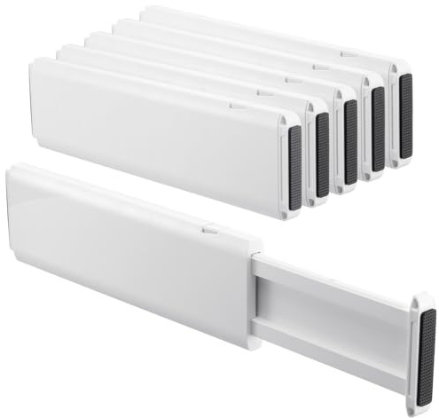 5 Pack Drawer Dividers, 4 Inch High Adjustable Dresser Drawer Organizers, Expandable from 14.8-22 inch Separators for Clothes, Kitchen, Office, Bathroom Organization, White