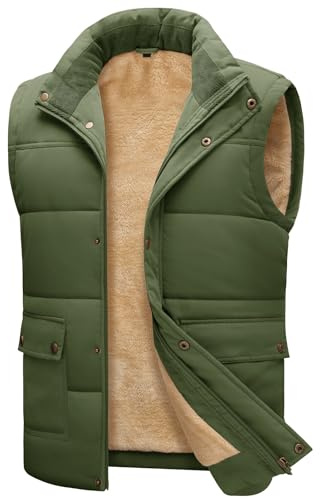 Lonya Chalecos Exteriores de Forro Polar Hombre, Chaqueta Sin Mangas Gilet de Otoño Invierno Chaleco Trabajo Acolchado con Múltiples Bolsillos Resistente al viento, Verde Militar, L