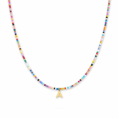 Färgglad pärlhalsband dam | Vattentåligt halsband med bokstaven A | Initialberlock i 18K guldpläterat rostfritt stål | Hudvänligt och justerbart halsband (40–45 cm)