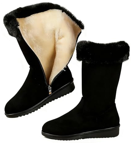 GHTRHSB Stivali lunghi da donna, morbidi e caldi, foderati in pelliccia, casual, invernali, vintage, in pelle scamosciata, antiscivolo, a metà polpaccio, con cerniera laterale, Nero , 39 EU
