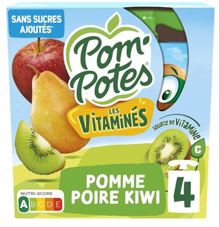 POM'POTES - Compotes Les Vitaminés Pomme Poire Kiwi sans Sucres Ajoutés | Savoureux et onctueux | Idéal pour le dessert | les 4 gourdes de 90g | LOT DE 4