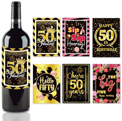 URYVAIW 50. Geburtstag Flaschenetiketten 6er Set, Schwarz Gold Weinetiketten, Geburtstagsdeko für Männer & Frauen, Selbstklebend, Geschenkidee