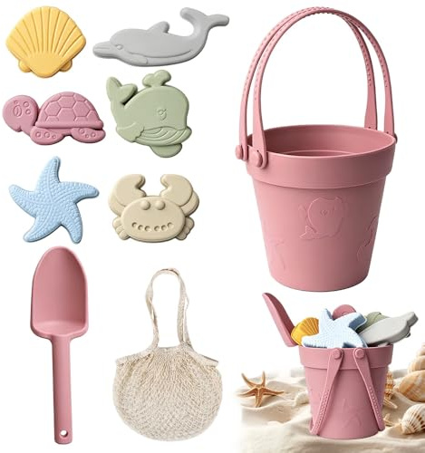 FENYW 8PCS Kinder Sandkasten Spielzeug Strand Sandspielzeug Set Silikon Strandspielzeug Set mit Eimer Schaufel und 6 Sandförmchen für Jungen und Mädchen Kinder ab 18 Monaten (Ziegelrot)