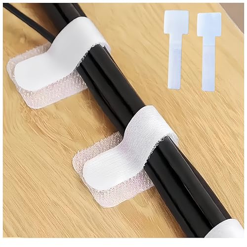 Self-Adhesive Hook and Loop Cable Ties, 100 PCS Under Desk Cable Management, Cable Tidy with Sticky Hook and Loop Fastener, Cord Organizer for PC,TV and Home Wire Management Use 3CMx9CM (White)