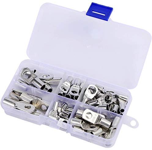 TOPWAY 60PCs Tinned Copper Cable Lugs Wire Lugs Battery Cable Ends Crimp Terminal Ring Connectors Assortment Kit for Electric, Auto 312703