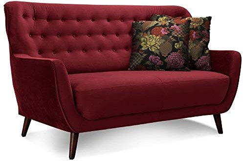 CAVADORE 2-Sitzer-Sofa Abby / Retro-Couch mit Samtbezug und Knopfheftung / 153 x 89 x 88 / Samtoptik, rot