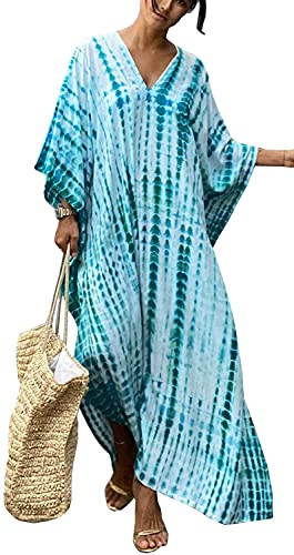 Orshoy Damen Strandkleid Strandtunika Kaftan Boho Kleid Lang Strandponcho Bikini Sommerkleid Badekleid Badeanzug Sommer Maxikleid Beachwear Boho Bademode Blau/Grün