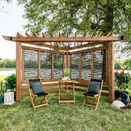 Backyard Discovery Verona 12' x 8' Cedar Wood Cabana Corner Pergola with Bamboo Privacy Panels for Outdoor Patio, Deck, Garden, Poolside, Entertaining