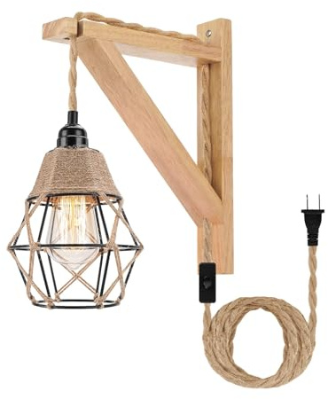 Frideko Wall Lamp with Plug in Cord - Plug in Wall Sconces, Farmhouse Hanging Lamps that Plug into Wall Outlet, Rustic Wall Mount Lamp with Wood Shelf Bracket & Switch Cord for Living Room, Bedroom