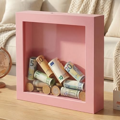 MIJOMA Spardose aus Holz mit Glasfront – dekorativer Sparrahmen für Geldgeschenke zu Hochzeit, Geburtstag, Reise & mehr – kreative Geldbox (Blanko - rosa, 15 x 15 x 5 cm)