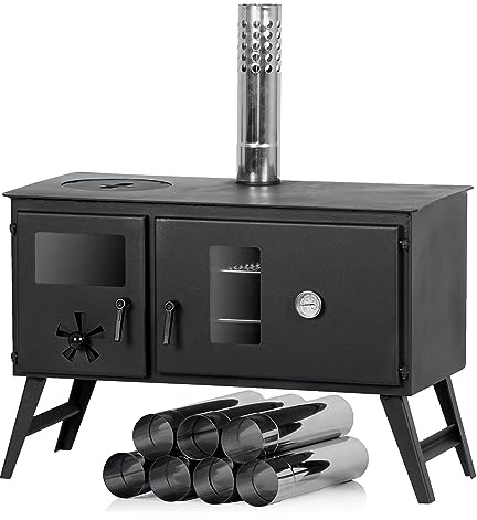 CampFeuer Tältugn 28,5 x 58,5 x 260 cm | svart | med 2 kammare, eldstad | vedugn, brödugn, vedugn för camping, utomhus, tält | tältuppvärmning, tältspis , tältugn, utomhus