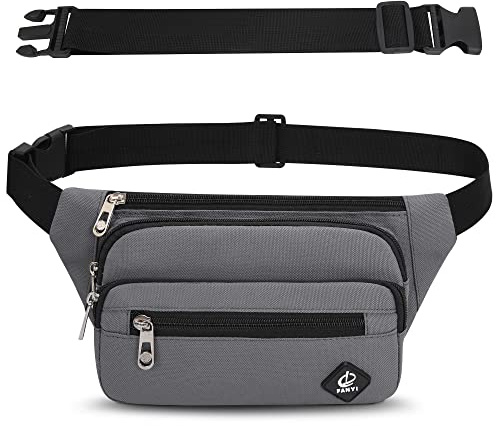 Sac Banane Taille Homme Femme Ville Sacs Banane Unisexe avec Ceinture allongée de 60 cm et Poches à 4 Fermetures à glissière Ceinture réglable pour la randonnée d'entraînement en Plein air (Gris)