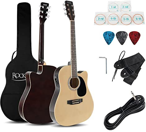 Rocktile WSD-8CE-NT Slim Line Westerngitarren Set - Dreadnought Akustik Gitarre - Westerngitarre mit Tonabnehmer im Set inkl. Tasche, Gurt, Kabel, Ersatzsaiten und Plektren - Natural