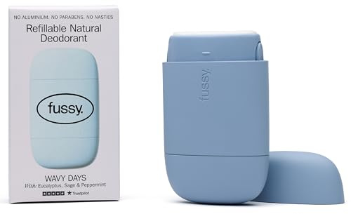 Fussy - Natural Refillable Deodorant - Aluminium Free - 24 Hour Protection - Mint Scent & Ocean Blue Case - Peppermint, Eucalyptus & Sage - Vegan & Cruelty Free - 100% Natural & Effective