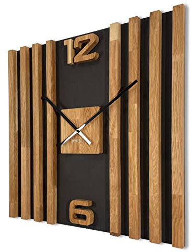 FLEXISTYLE wanduhr groß aus Holz Lamellen SQ 60cm Holzoptik schwarz 3D Eiche modern ohne Ticken Wohnzimmer, z233-d(1)-1-x 60