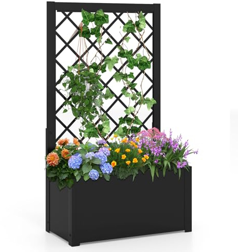 COSTWAY Garden Planter with Trellis, Metal Trough Grow Box, Indoor Outdoor Raised Garden Bed for Climbing Vine Plant (63 x 31 x 112 cm)