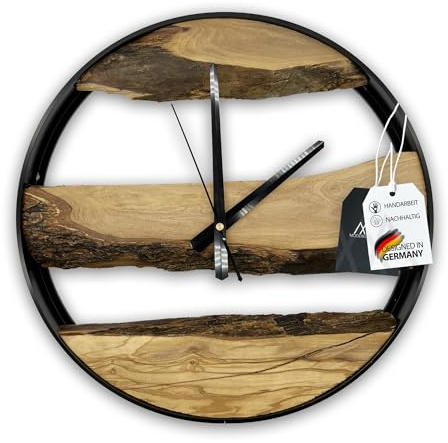 MODERNMOMENTS® Olivenholz Wanduhr massiv – Holz Wanduhr handgefertigt, Geräuschlos ohne Ticken, Moderne Wanddekoration Wohnzimmer mit Metallrahmen
