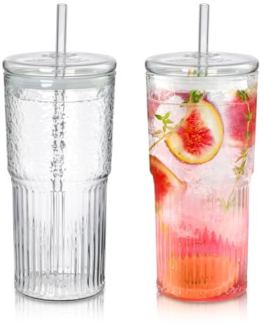 Joeyan 650ml Groß Trinkglas mit Deckel und Strohhalm, 2er Set Bubble Tea Becher, Outdoor Latte Macchiato Gläser, Glasbecher Spülmaschinenfest,Trinkbecher für Smoothie Eiskaffee Matcha Cocktail Saft