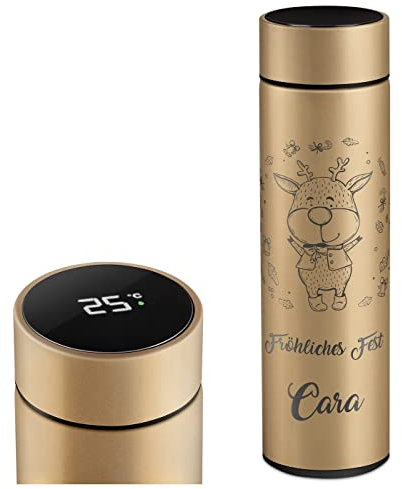 Maverton Thermosflasche mit Gravur 450 ml - Kaffeebecher mit LED-Touch-Anzeige - Thermobecher auslaufsicher 100% dicht - Travel Mug aus Edelstahl für Frauen - Farbe: gold - Weihnachtszeit