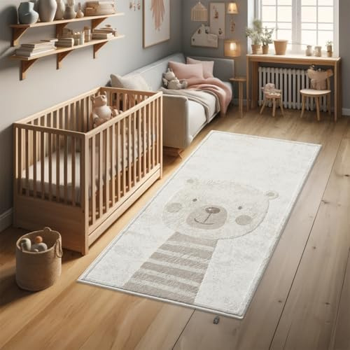 payé Teppich Kinderzimmer Läufer - 80x150cm - Pastell Beige Creme - Kurzflor Spielteppich mit niedlichem Bär Motiv