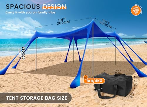 Strandzelt Prämie Lycra Zelt, Strandmuschel UPF 50+ Tragbar Sonnensegel Sun Shelter mit 4 Stabilitätsstangen, Anker, Sandschaufel und Tragetasche für Strand Picknick Angeln Camping, 3x3x2M (navy blue)