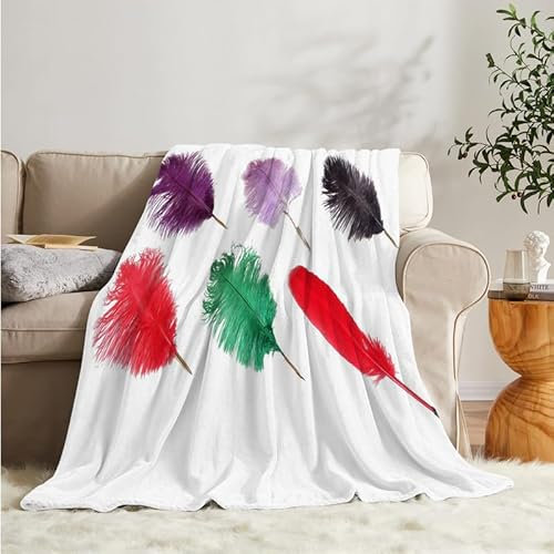 Flanell Wohndecke Kuscheldecke Feder 220x240 Große, Weiß Sofa Decke Weiche mit Motiv, Microfaser Fleecedecke Plaid Decke Wohnzimmer Couch