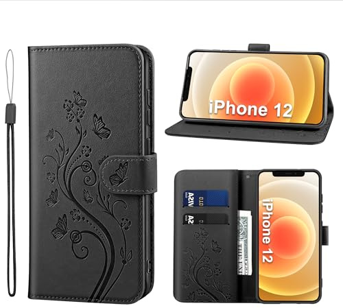 KRAFTCARE Lederhülle für iPhone 12/12 Pro Klapphülle Leder Hülle | Premium PU Leder mit Prägung, Kartenfach, Ständer, Magnetic Closure, RFID Blockierung, Flip Wallet Handyhülle, Schwarz