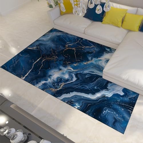 LANDERSION Moderner großflächiger Marmorteppich 120x170cm weicher niedrigfloriger dunkelblauer und weißer Teppich für das Wohnzimmer abstrakte Kunst Eingangsteppiche für das Home Office