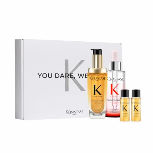 Kérastase Pflegeset mit Elixir Ultime Huile Originale Haaröl (75 ml), Genesis Sérum Anti-Chute Haarkur (90 ml) und zweimal Elixir Ultime Huile Originale in Reisegröße (15 ml) gratis