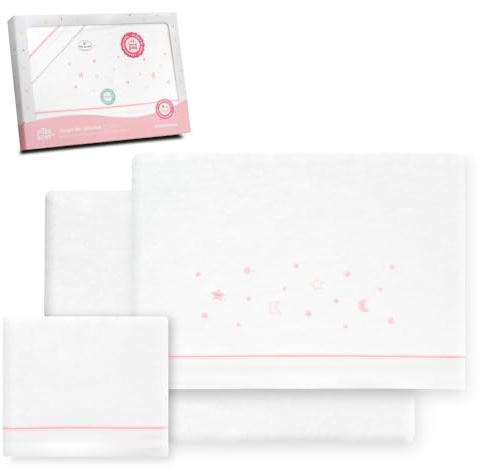 Interbaby - Juego Sabanas Cuna 60x120 Algodon 100% | Sabana Cuna Franela, Cálida, Suave | Incluye Sabana Bajera, Encimera y Funda de Almohada | Ideal para Invierno | Estrellas Luna Blanco/Rosa