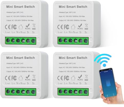 Yuragim 4 interruttori della luce intelligenti, modulo a 1 via/2 vie, mini interruttore Wi-Fi Smart Home, adatto dietro interruttore a parete, Smart Switch compatibile con app Tuya, Alexa, Google