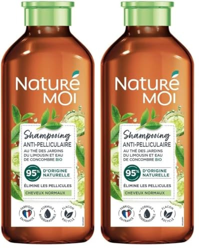 Naturé Moi - Shampooing Antipelliculaire - Sans Sulfate - Soin des Cheveux Normaux Pellicules - Thé, Eau de Concombre Bio - 95% d'Origine Naturelle - 250 ml - Fabriqué en France (Lot de 2)