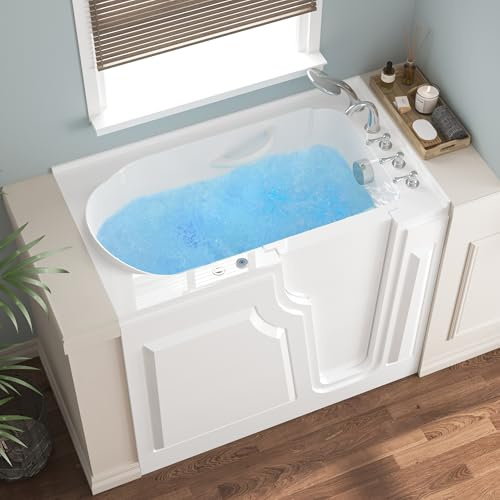 FerdY Floridian 52x30 Walk-in Whirlpool Bathtub with 14 Water SPA Jets and Right-Side Door Opening and Quick Fill and Drain System, Rectangular Soaking Bathtub in White