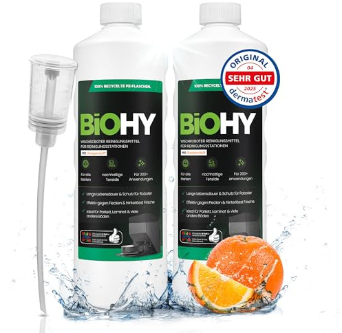 BiOHY Wischroboter Reiniger für Station mit Orangenduft (2 x 1L) + Dosierer | Bodenreiniger Wischroboter & Reinigungsmittel für Saugwischer und Saugroboter Konzentrat für Parkett, Fliesen & Hartböden