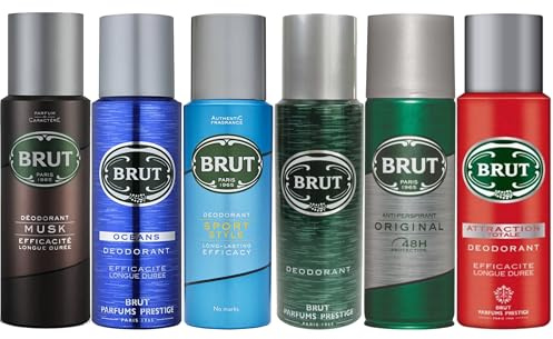 Men Deodorants Body Spray Multipack 6 x 200ml Featuring BRUT Original Attraction Totale Musk Oceans Sport Style Anti-Perspirant Original for Long-Lasting Freshness and Confidence