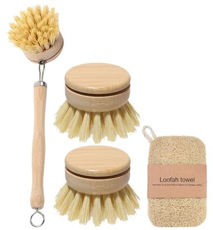 Washing Up Brush, Eco Dish Brush Set, with 3 Replacement Heads, Bamboo and Natural Fibers, Wooden Kitchen Brush Pans Plates Dishes