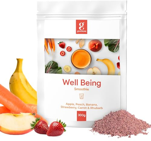 GREENORA Fruta Liofilizada en Polvo de Manzana, Melocotón, Plátano, Fresa, Zanahoria y Ruibarbo, Ideal para Smoothies, Bowls y Recetas, Sin Azúcar ni Aditivos, 25 Servicios