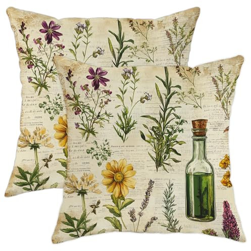 Botanical Pillow Covers Set of 2, Herbal Green Flower Plant Throw Pillow Case, Nature Inspired Decorative Cushion Covers for Living Room Sofa Home Decor 20x20 Inch
